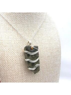 Wire Wrapped Petoskey Stone Pendant Necklace with Silver Chain